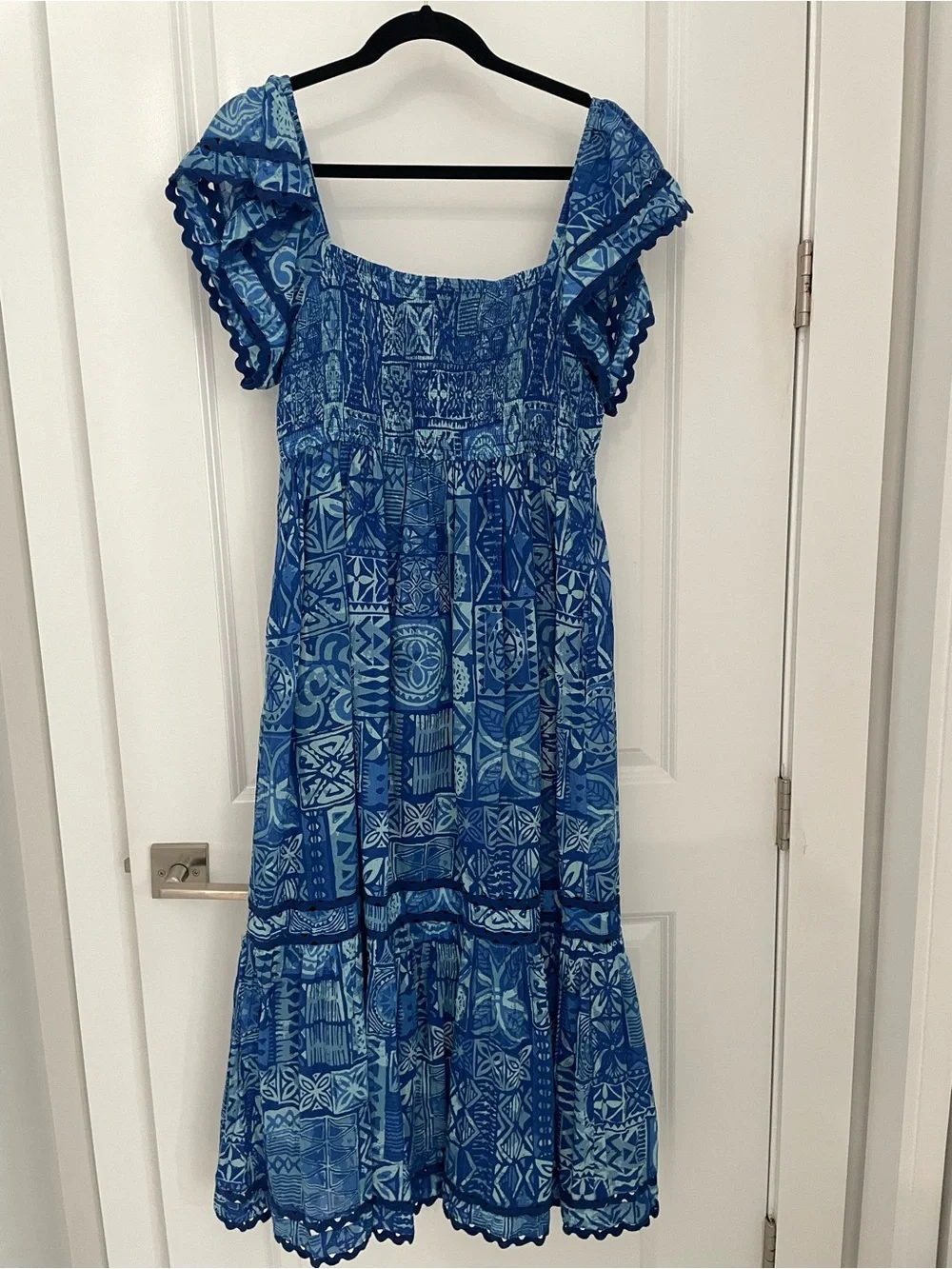 Olivia James Brooke Dress Native Dusk Blue Coastal Luxury Ruffle.         Sk6